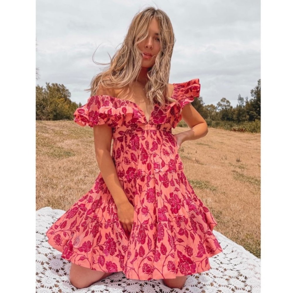 Zimmermann Lovestruck Pleated Ruffle Floral Plisse Mini Dress Pink - Picture 11 of 11